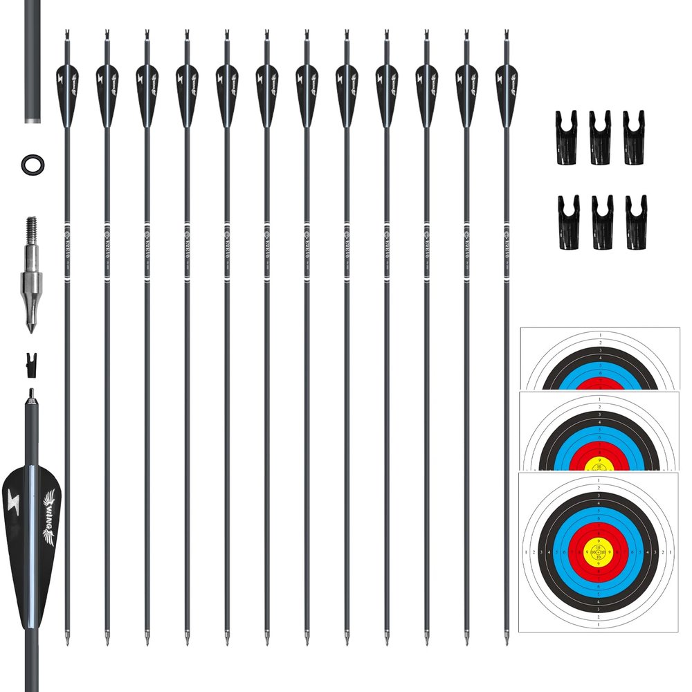 e5e10 31inch Carbon Arrow Archery Targeting Practice Hunting Arrows for Compound & Recurve Bow with Removable Tips(Pack of 12) (Black White)