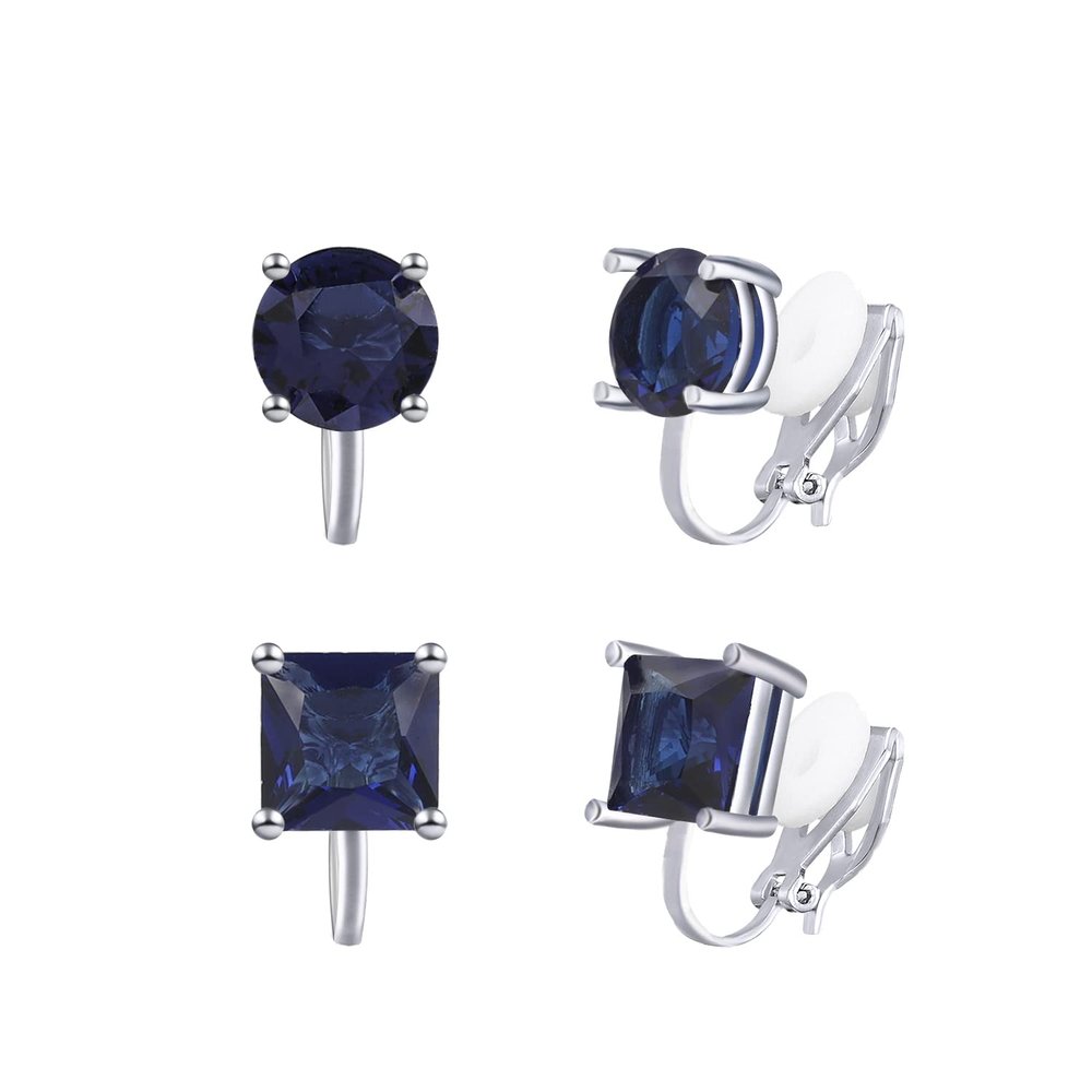 YOQUCOL 2 Pairs Clip On Earrings 8MM Blue Cubic Zirconia Crystal Non Pierced Clip On Stud Earrings For Women