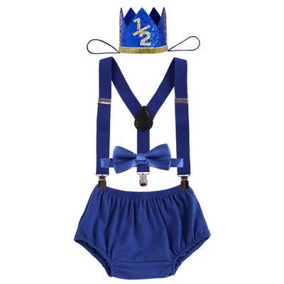 ODASDO Infant Baby Boy 1/2 Birthday Cake Smash Outfit, Half Way To One Six Months Party Set Cotton Diapder Cover Shorts Y-back Suspenders Prince Crown Bow Tie 4pcs Photoshooting Props Royal Blue 6M