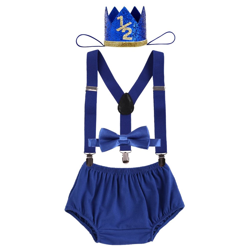 ODASDO Infant Baby Boy 1/2 Birthday Cake Smash Outfit, Half Way To One Six Months Party Set Cotton Diapder Cover Shorts Y-back Suspenders Prince Crown Bow Tie 4pcs Photoshooting Props Royal Blue 6M