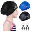 2 Pack Kids Swim Caps for Long/Short Hair, Unisex Silicone Swimming Cap for Age 3-15 Children Toddler Youth Teen, Waterproof Shower Cap Bathing Hats for Girls Boys with Ear Plugs & Nose Clip-1 view 1
