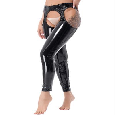 ACSUSS Womens Wet Look High Waist Cutout Leggings Crotchless Open Butt Patent Leather Skinny Pants Clubwear Black 3X-Large
