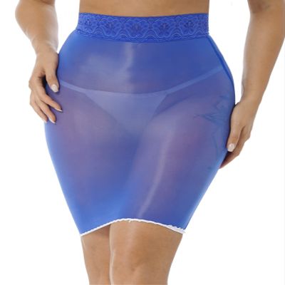 YONGHS Women's Shiny Sheer See-Through Tight Bodycon Pencil Micro Short Silk Stockings Mini Skirt Blue One Size