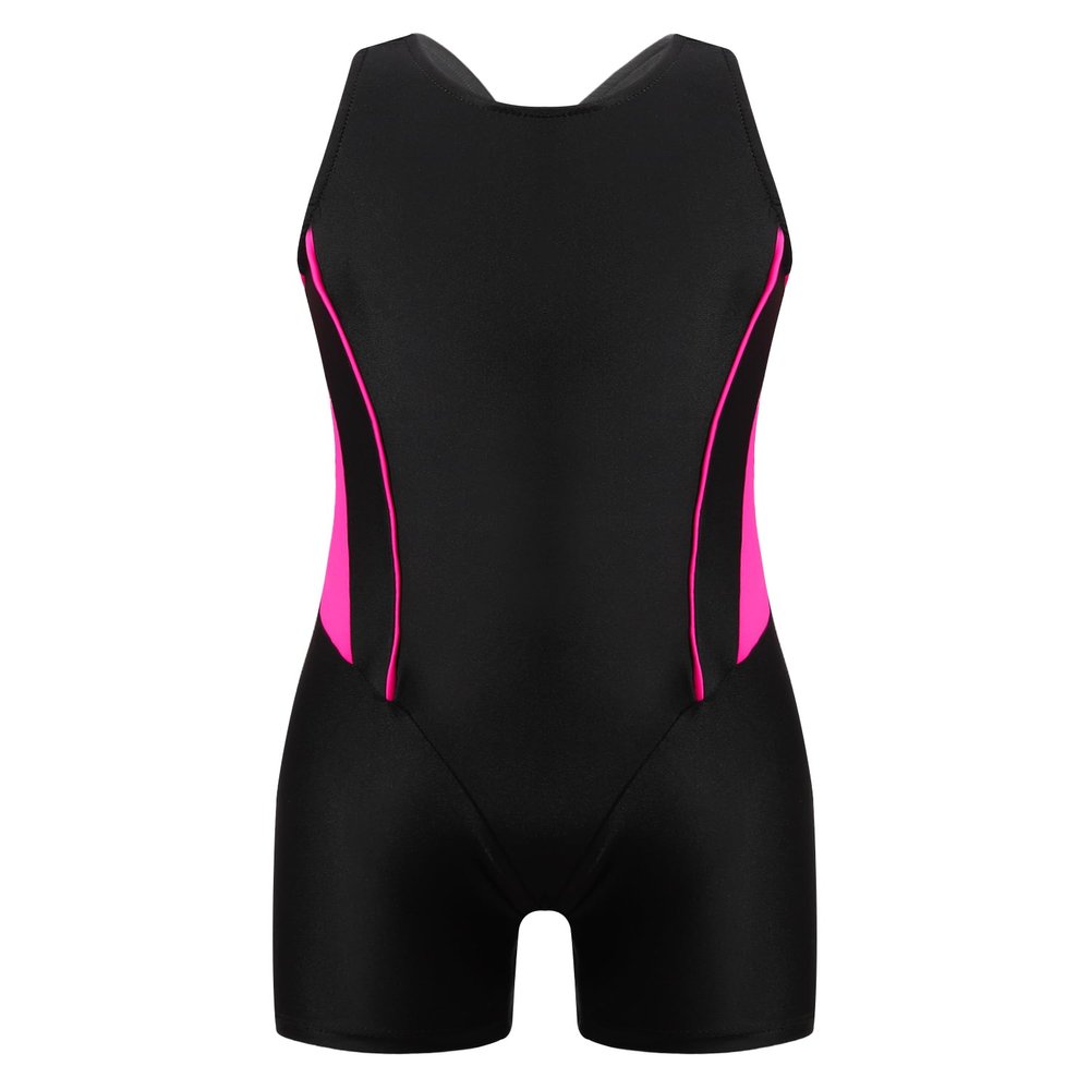 Nikiikoo Kids Girls Athletic One Piece Boyleg Swimsuit Racerback Cutout Rashguard Surfing Bathing Suit Rose,Black 8 Years