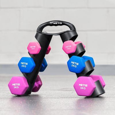 METIS Portable Dumbbell Storage Rack - Dumbbell Rack Stand with 33lb Max. Load | Stores 3 Pairs of Neoprene Dumbbells | Home Gym Equipment (Rack + Dumbbell Set (2/5/7lb))
