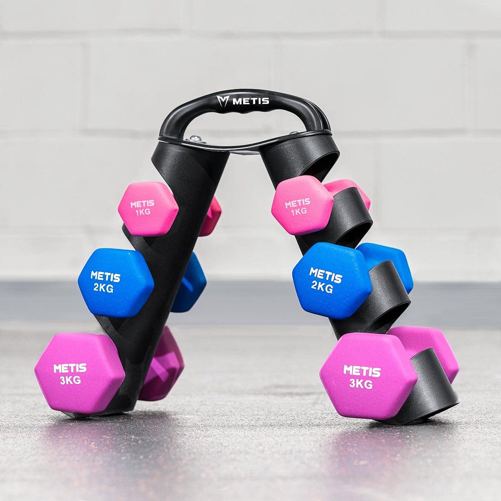 METIS Portable Dumbbell Storage Rack - Dumbbell Rack Stand with 33lb Max. Load | Stores 3 Pairs of Neoprene Dumbbells | Home Gym Equipment (Rack + Dumbbell Set (2/5/7lb))