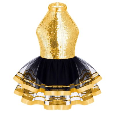 FEESHOW Kids Girls Glittery Sequins Metallic Ballet Dance Leotard Dress with Tutu Mesh Skirts Performance Costume Gold 8 Years