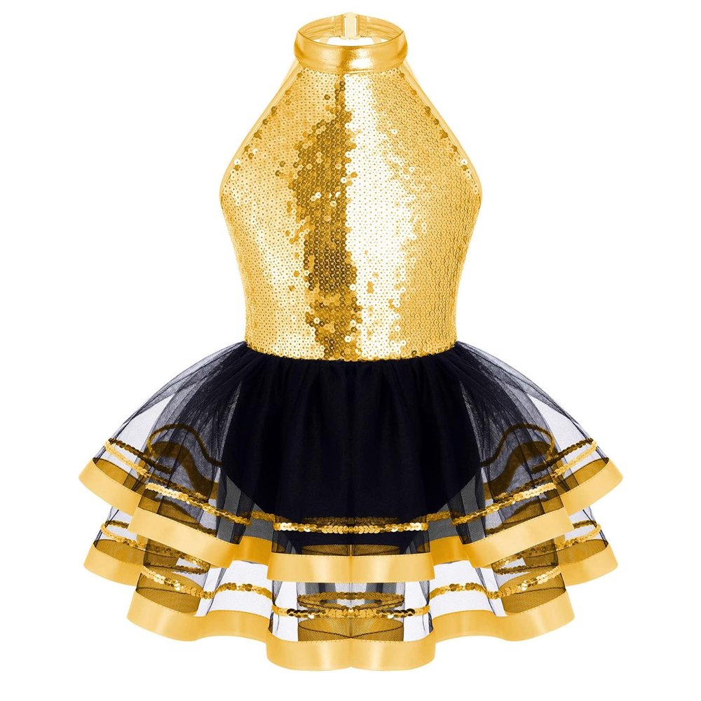 FEESHOW Kids Girls Glittery Sequins Metallic Ballet Dance Leotard Dress with Tutu Mesh Skirts Performance Costume Gold 8 Years