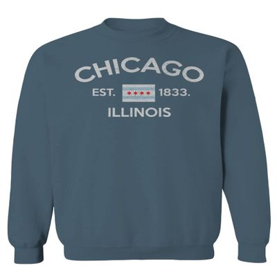0475. Retro Vintage Graphic Chicago City Illinois Flag Men's Crewneck Sweatshirt (Indigo Blue Large)