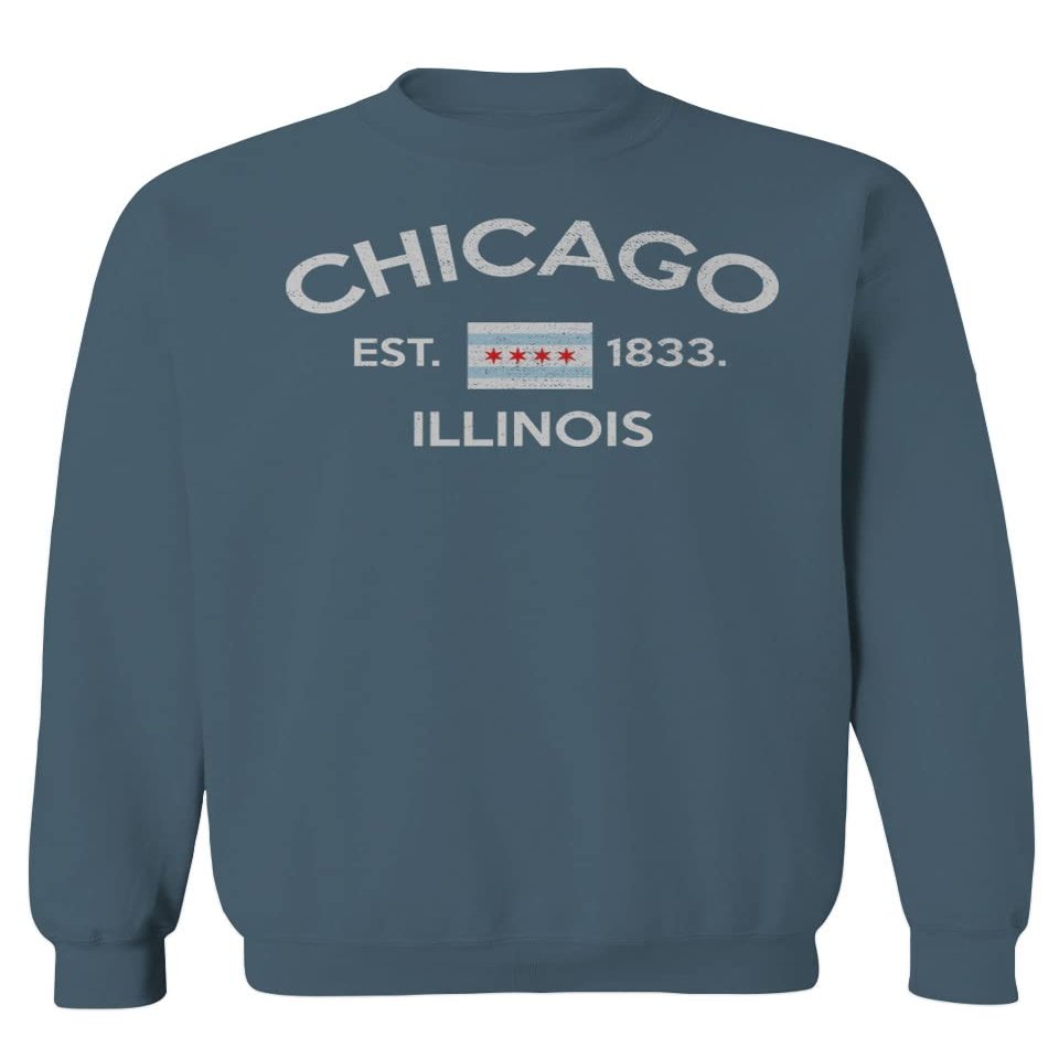 0475. Retro Vintage Graphic Chicago City Illinois Flag Men's Crewneck Sweatshirt (Indigo Blue Large)