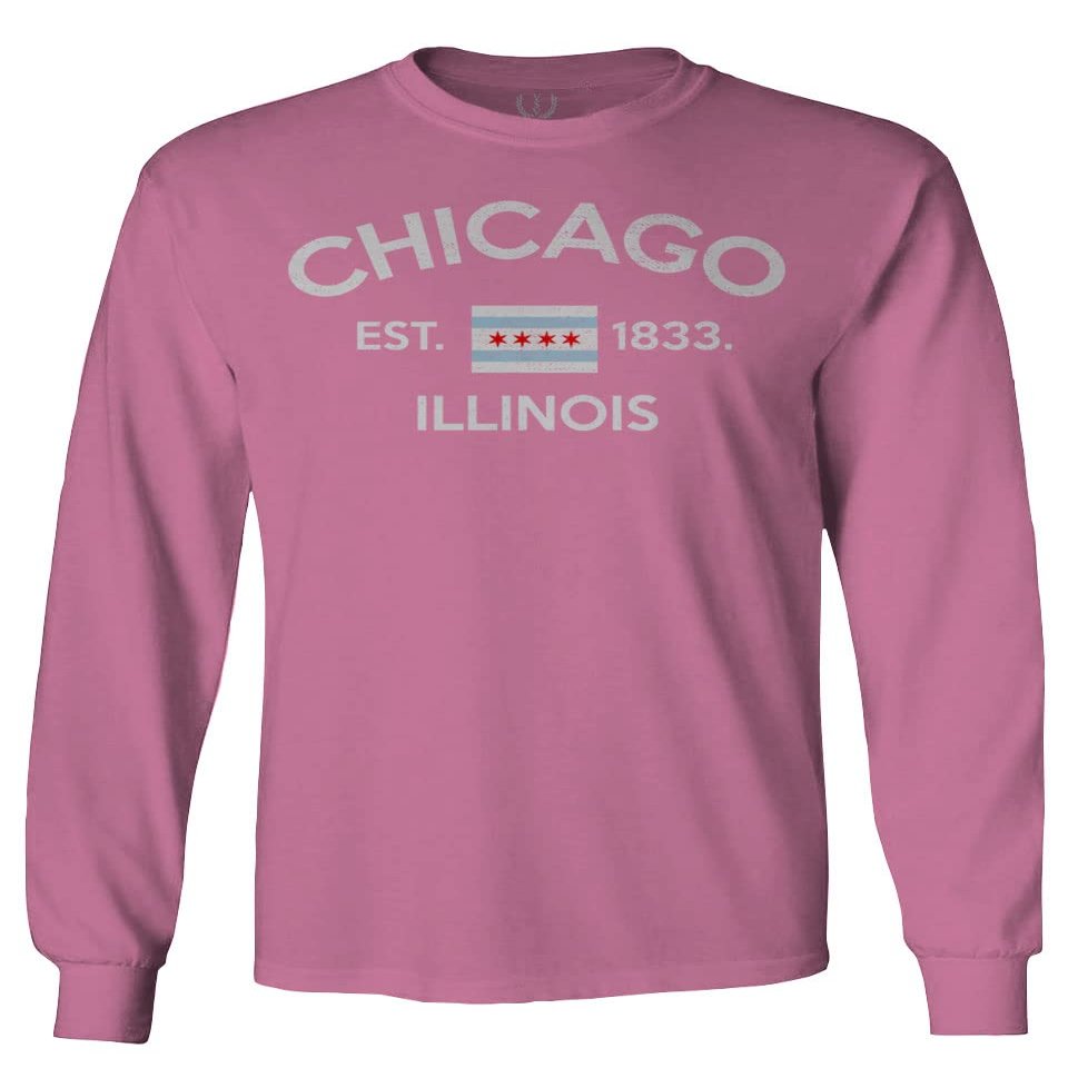 0475. Retro Vintage Graphic Chicago City Illinois Flag Men's Long Sleeve t Shirt (Pink Large)