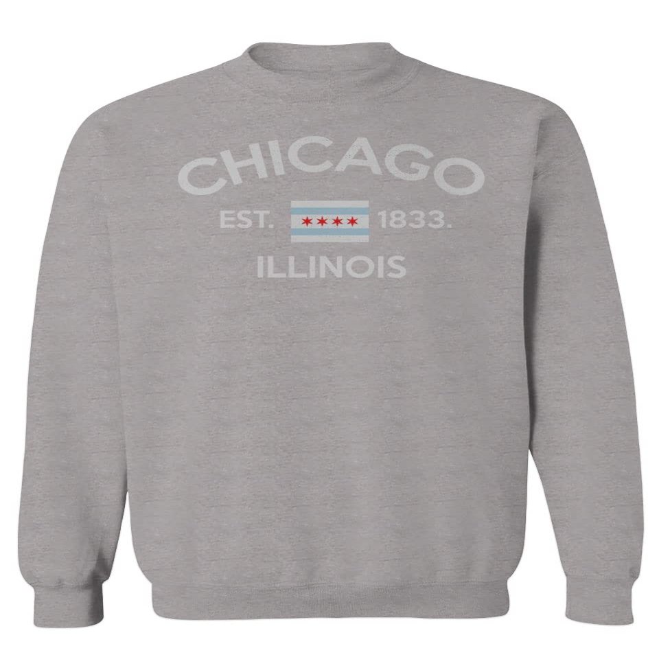0475. Retro Vintage Graphic Chicago City Illinois Flag Men's Crewneck Sweatshirt (Light Gray X-Large)