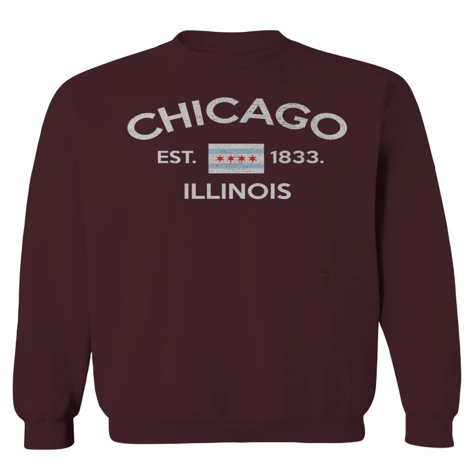 0475. Retro Vintage Graphic Chicago City Illinois Flag Men's Crewneck Sweatshirt (Maroon X-Large)