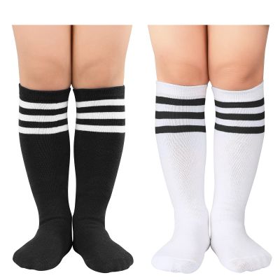 American Trends Kids Soccer Socks Toddler Knee High Socks Stripes Sport Cotton Uniform Tube Stocking For Boys Girls 2 Pack Black White/White Black