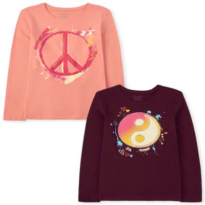 The Children's Place Girls Kindness,Love,Equality Long Sleeve Graphic T-Shirts,Multipacks Yin Yang/Peace Sign 2-Pack Medium