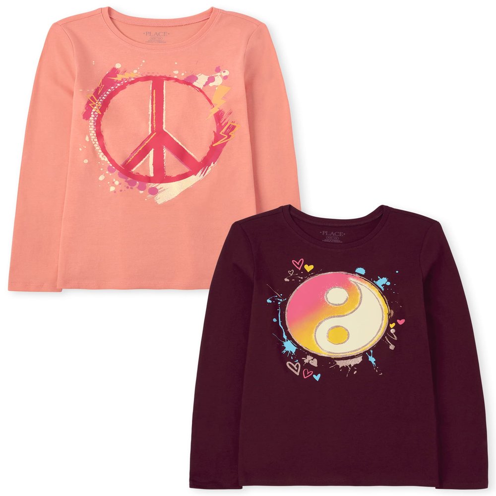The Children's Place Girls Kindness,Love,Equality Long Sleeve Graphic T-Shirts,Multipacks Yin Yang/Peace Sign 2-Pack Medium