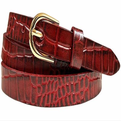 Women's Dress Skinny Belts 100% One Piece Engraved Full Grain Genuine Leather Belt 3/4"(19mm) wide (Alligator Red, 36)