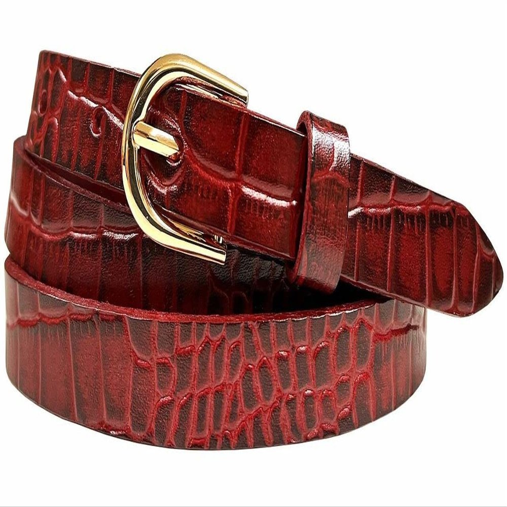 Women's Dress Skinny Belts 100% One Piece Engraved Full Grain Genuine Leather Belt 3/4"(19mm) wide (Alligator Red, 36)