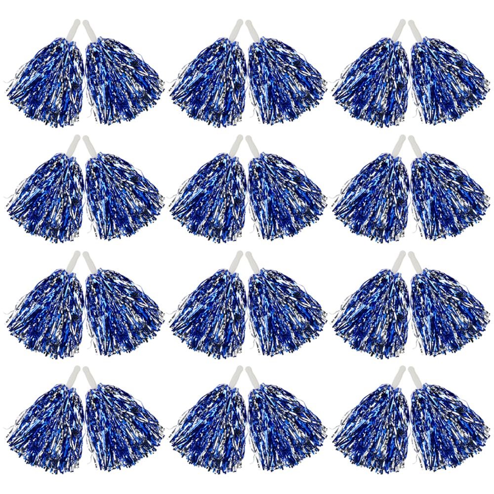 Hooshing 12PCS Pom Poms Cheerleading Blue and Silver Metallic Foil Cheer Pom Poms with Plastic Handles for Rooters Cheering Squard Team Spirit Sports
