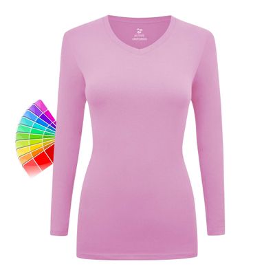 Women's Under Scrubs Long Sleeve T-Shirt Comfort V-Neck Medical Underscrub Tee -Super Soft and Stretchy (Pink, Large)