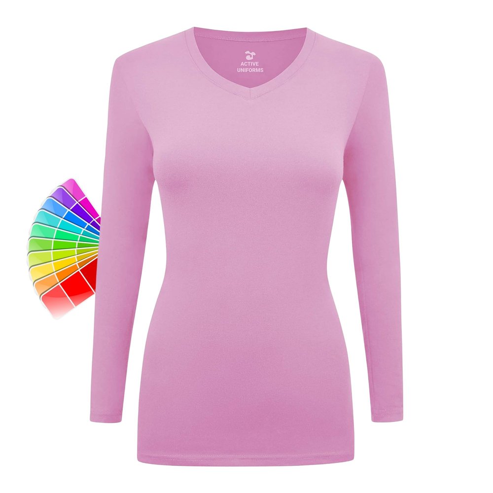 Women's Under Scrubs Long Sleeve T-Shirt Comfort V-Neck Medical Underscrub Tee -Super Soft and Stretchy (Pink, Large)