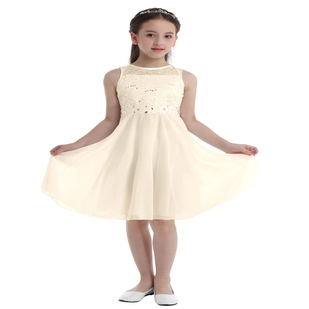 Jhaoyu Kids Flower Girls Dress Sleeveless Lace Floral Party Dresses Wedding Pageant Formal Prom Ball Gown Beige 10 Years