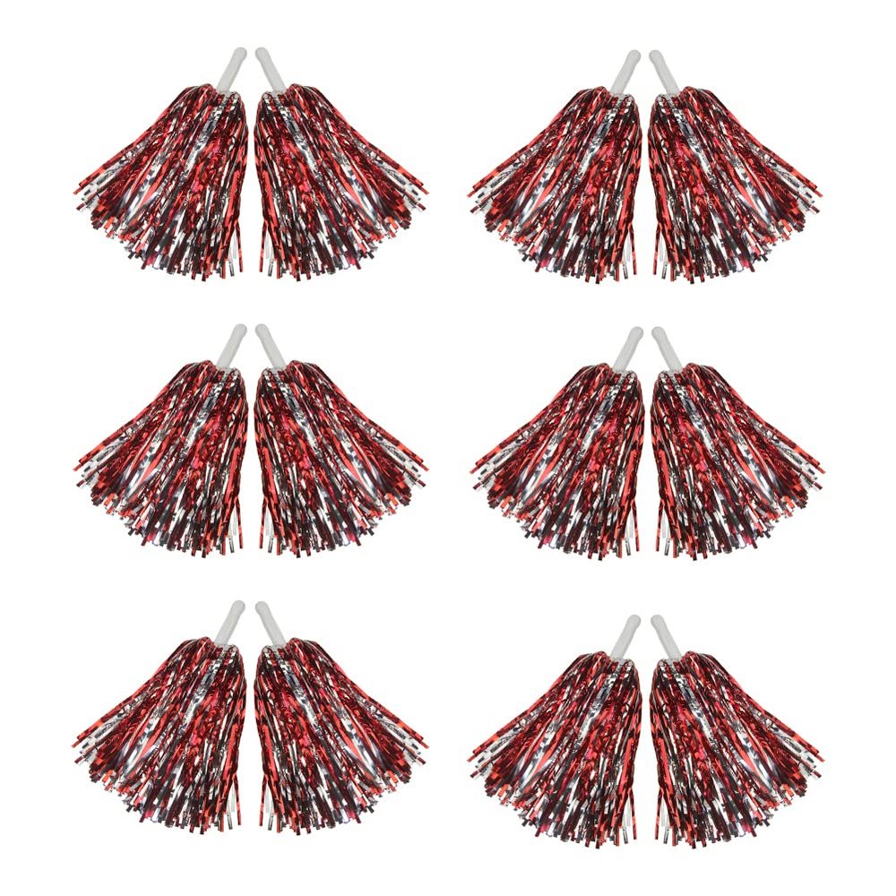 Hooshing 12PCS Pom Poms Cheerleading Red and Silver Metallic Foil Cheer Pom Poms with Plastic Handles for Rooters Cheering Team Spirit Sports