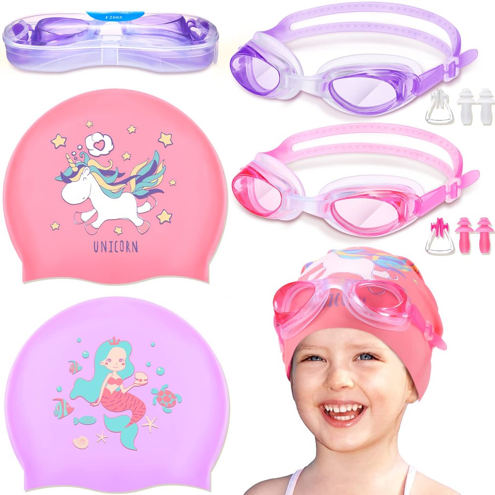 8 Pieces Silicone Swim Caps for Kids Girls Cute Unicorn Mermaid Swimming Caps Age 6-14 with Goggles Ear Plug Nose Clip Unisex Bathing Cap for Long and Short Hair Children Boys Girls Toddler