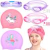 8 Pieces Silicone Swim Caps for Kids Girls Cute Unicorn Mermaid Swimming Caps Age 6-14 with Goggles Ear Plug Nose Clip Unisex Bathing Cap for Long and Short Hair Children Boys Girls Toddler view 1