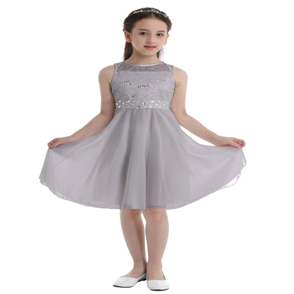 Jhaoyu Kids Flower Girls Dress Sleeveless Lace Floral Party Dresses Wedding Pageant Formal Prom Ball Gown Gray 10 Years