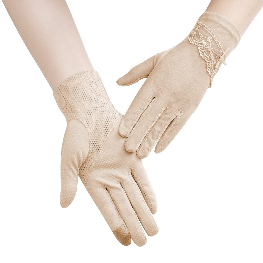 IPENNY Women Sun UV Protection Driving Gloves Summer Short Floral Lace Anti-Skid Screentouch Gloves Elegant Sunblock Gloves
