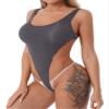 ACSUSS Womens Scoop Neck High Cut Bodysuit Glossy Bathing Suit Swimwear Sleeveless Leotard Nightwear Dark Gray One Size view 2