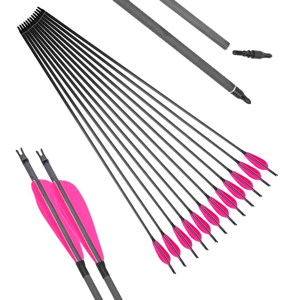 HNZMDY 30 inch Archery Pure Carbon Arrows Hunting Arrows with 4" Feather Fletching 100 Grain Replaceable Points Targeting Practice Arrows Spine 600 for Recurve Bow Compound Bow Longbow (12 pcs, Pink)
