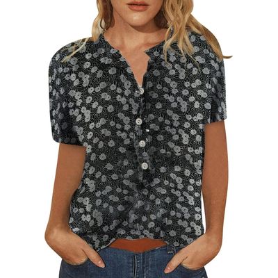 3/4 Sleeve Tops for Women Button Down Vneck Cute Floral Blouse Trendy Summer Casual Loose Henley Neckline Pullover Shirt A-Black