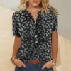 3/4 Sleeve Tops for Women Button Down Vneck Cute Floral Blouse Trendy Summer Casual Loose Henley Neckline Pullover Shirt A-Black view 2