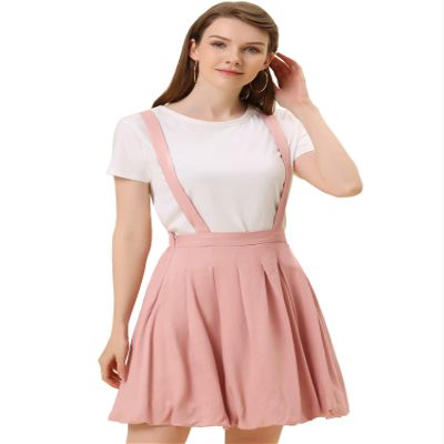 Allegra K Suspender Skirt for Women's Detachable Strap A-Line Bubble Skirt Small Pink