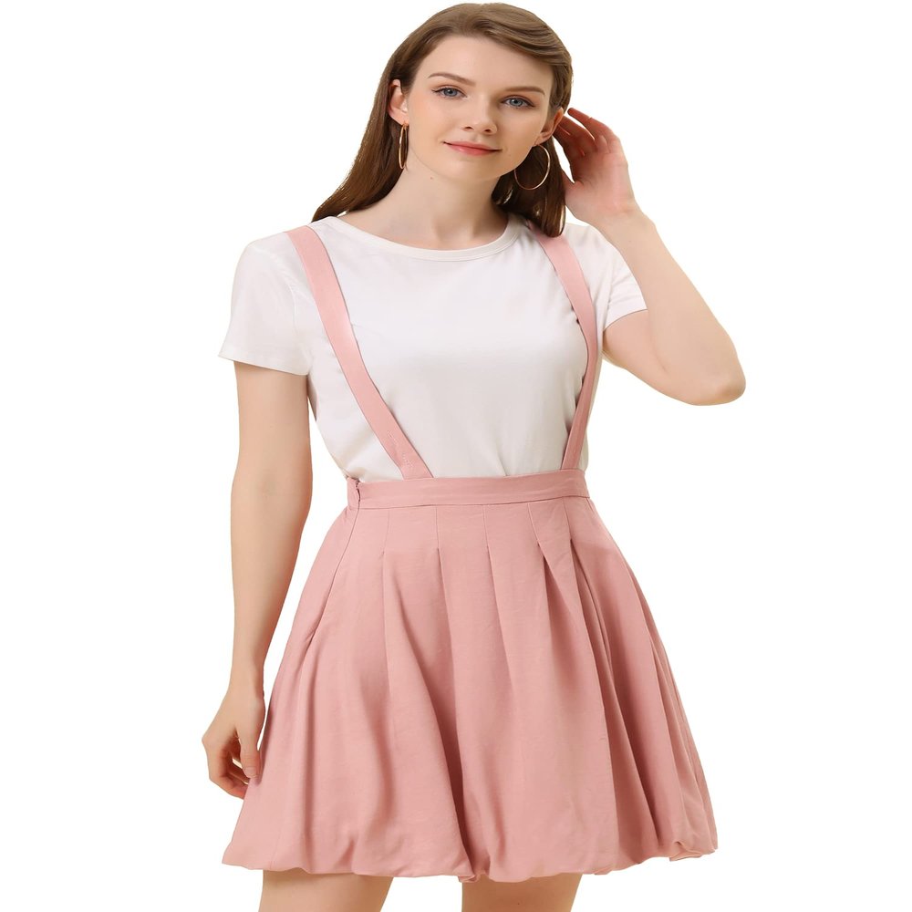 Allegra K Suspender Skirt for Women's Detachable Strap A-Line Bubble Skirt Small Pink