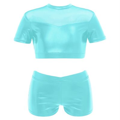 Loodgao Kids Girls 2 Piece Dance Outfits Shiny Metallic Mesh Crop Top Bras with Shorts Set Tumbling Gymnastics Dancewear Mint Green 12
