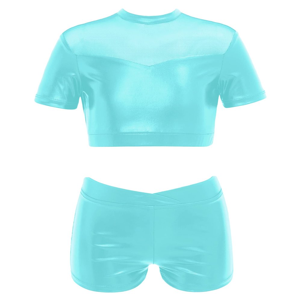 Loodgao Kids Girls 2 Piece Dance Outfits Shiny Metallic Mesh Crop Top Bras with Shorts Set Tumbling Gymnastics Dancewear Mint Green 12