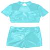 Loodgao Kids Girls 2 Piece Dance Outfits Shiny Metallic Mesh Crop Top Bras with Shorts Set Tumbling Gymnastics Dancewear Mint Green 12 view 3