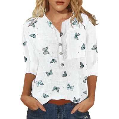 3/4 Sleeve Tops for Women Button Down Vneck Cute Floral Blouse Trendy Summer Casual Loose Henley Neckline Pullover Shirt G-White