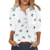 3/4 Sleeve Tops for Women Button Down Vneck Cute Floral Blouse Trendy Summer Casual Loose Henley Neckline Pullover Shirt G-White view 1