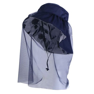Wide Brim Sun UV Protection Sunhat with Mesh Veil Head Net Hat for Fishing Cycling Hiking Camping Dark Blue