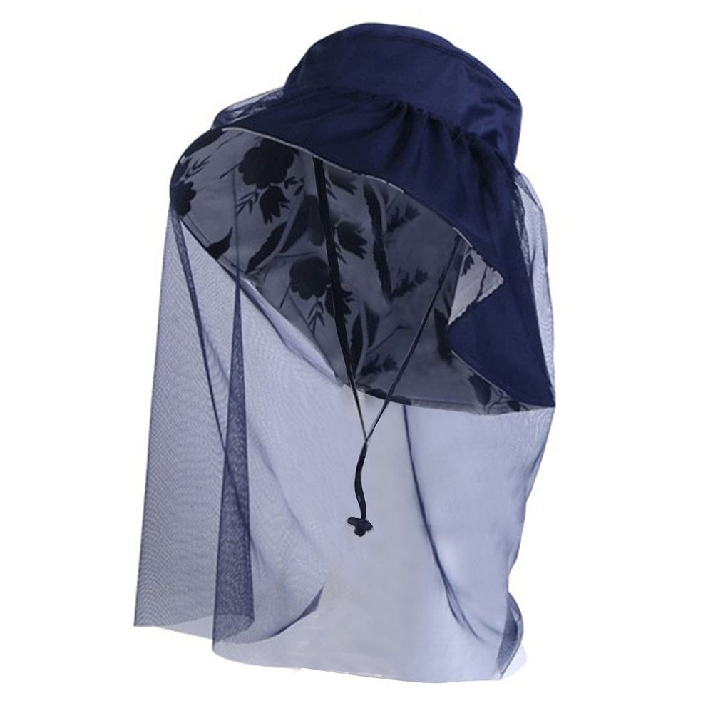 Wide Brim Sun UV Protection Sunhat with Mesh Veil Head Net Hat for Fishing Cycling Hiking Camping Dark Blue