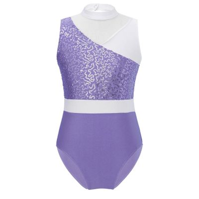 FEESHOW Girls Kids Shiny Sequins Gymnastics Leotard Sleeveless Hollow Back Ballet Bodysuit Dancewear Costume Light Purple 6 Years