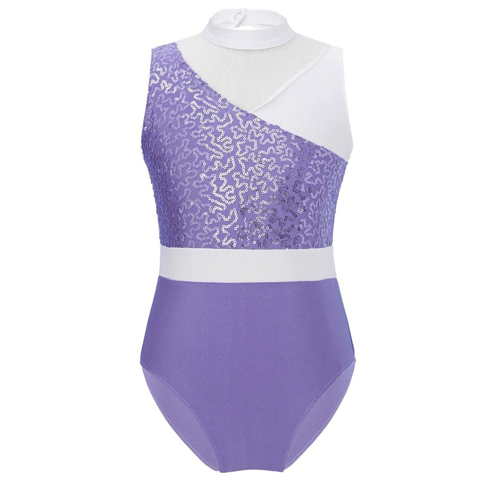 FEESHOW Girls Kids Shiny Sequins Gymnastics Leotard Sleeveless Hollow Back Ballet Bodysuit Dancewear Costume Light Purple 6 Years