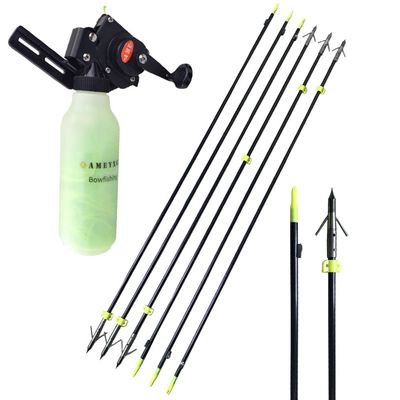 3/6pcs Archery Bowfishing Arrows with Fishing Reel 40m Fishing Rope Fiberglass Bowfishing Arrows Kit with Safety Slides for Compound Bow Recurve Bow Fishing Hunting (bowfishing reel +6 pcs #4 arrow)