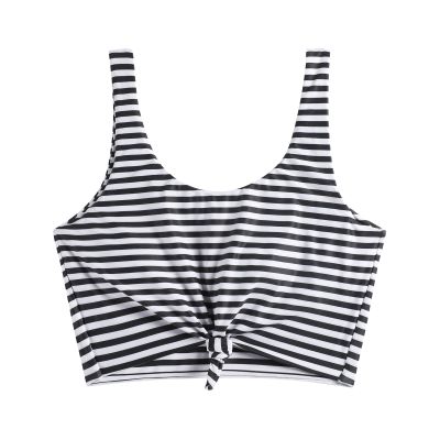 ZAFUL Women's Front Knot Bikini Tops Crop Tankini Top Scoop Neck Padded Bathing Suit Tops C-Stripes Black XL