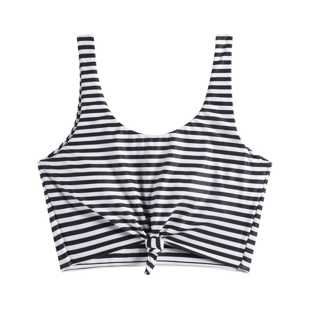 ZAFUL Women's Front Knot Bikini Tops Crop Tankini Top Scoop Neck Padded Bathing Suit Tops C-Stripes Black XL