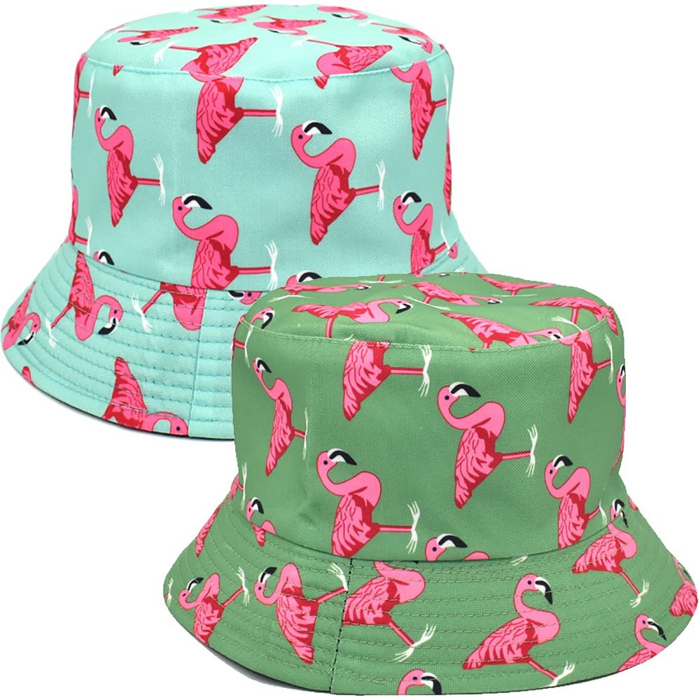 2 Pack Unisex Black Flamingo Bucket Hat Reversible Summer Trendy Couple Fisherman Caps for Women Men Beach Vacation (Green/Blue Flamingo)
